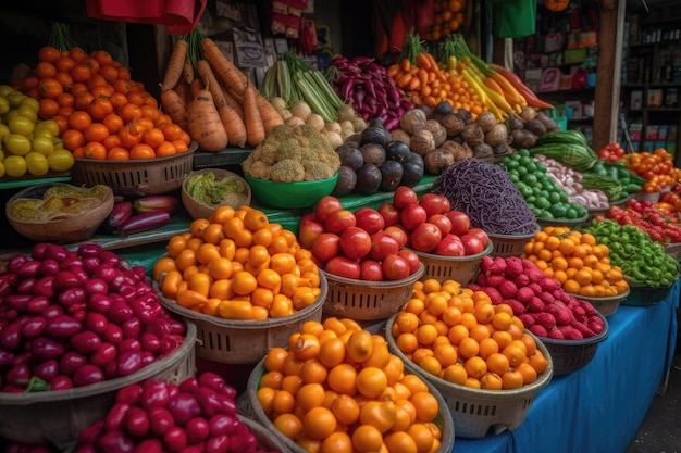 Brightly colored fruits and vegetables at exotic market created with generative ai