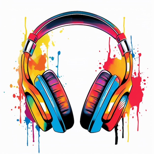 Brightly colored headphones with a splash of paint on a white background generative ai