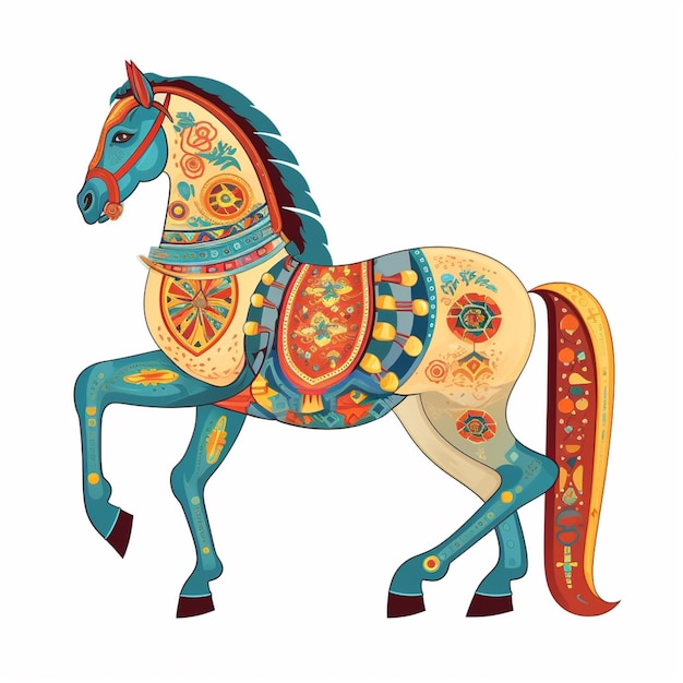 Brightly colored horse with a decorative mane and saddle generative ai