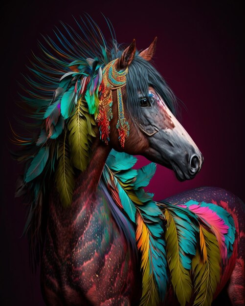 Brightly colored horse with feathers on its head and mane AI Generative