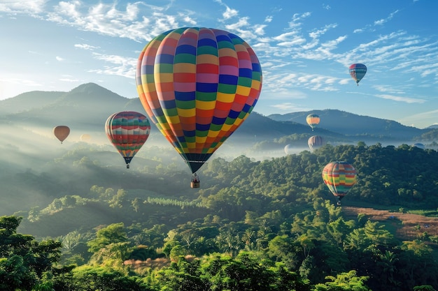 Brightly colored hot air balloons soar over Dot Inthanon mountains in Chiang Mai Thailand