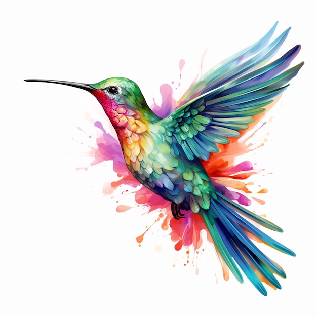 brightly colored hummingbird flying with colorful paint splatters on its wings generative ai