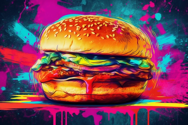 A brightly colored illustration of a hamburger with a dripping bun generative ai