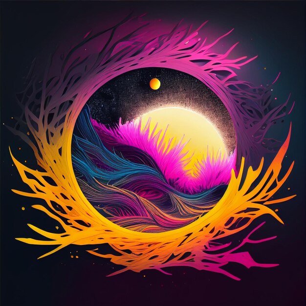 a brightly colored illustration of a sunset in a circular shape generative ai