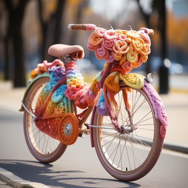 Brightly colored knitted bicycle parked on the side of the road generative ai