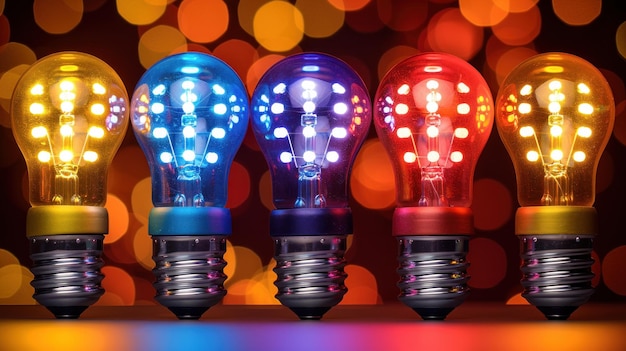 Photo brightly colored light bulbs glow against a cheerful backdrop of lights