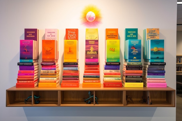 Photo brightly colored literature in a library stack