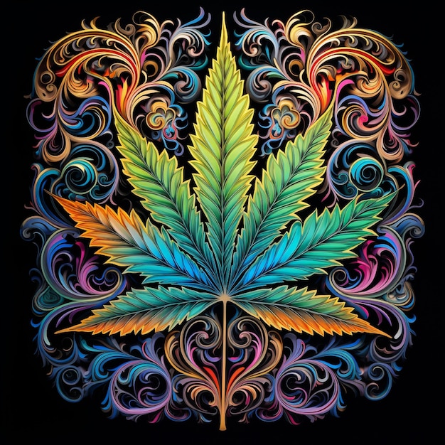 a brightly colored marijuana leaf on a black background with swirly patterns generative ai