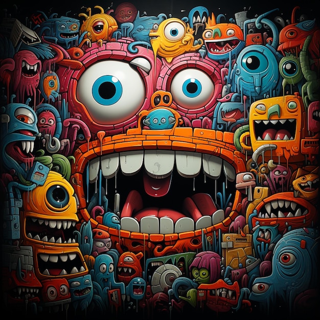 brightly colored monsters with big eyes and teeth in a dark room generative ai