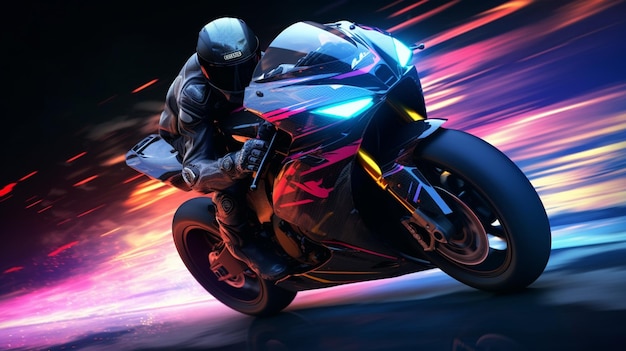 Brightly colored motorcycle rider in motion on a dark background generative ai