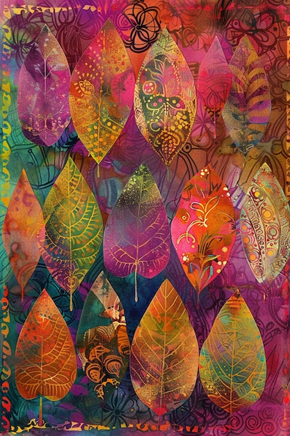 a brightly colored painting of leaves and flowers on a purple background generative ai