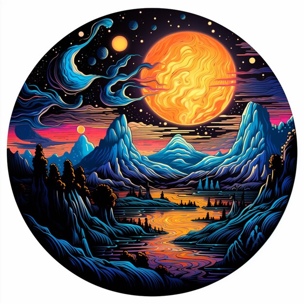 a brightly colored painting of a mountain landscape with a lake and a full moon generative ai