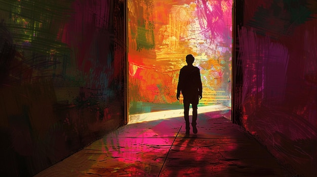 brightly colored painting of a person walking through a doorway generative ai