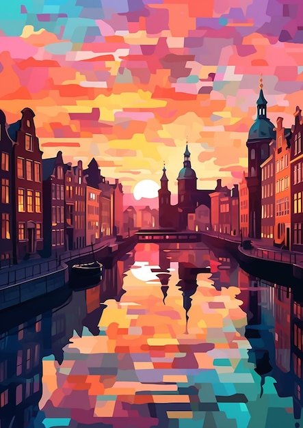 A brightly colored painting of a sunset over a canal with buildings generative ai