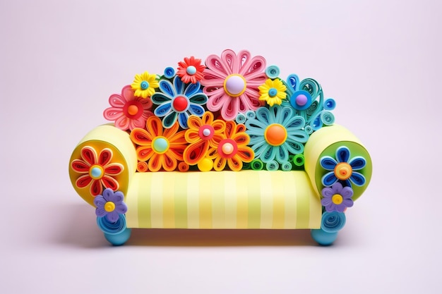 Brightly colored paper flowers are placed on a brightly colored couch generative ai