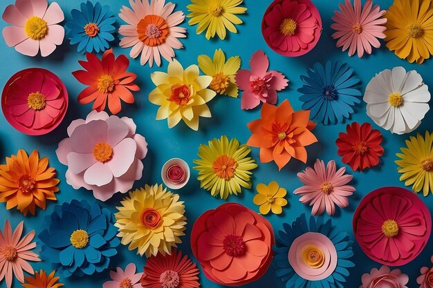 Brightly colored paper flowers arranged in a large arrangement