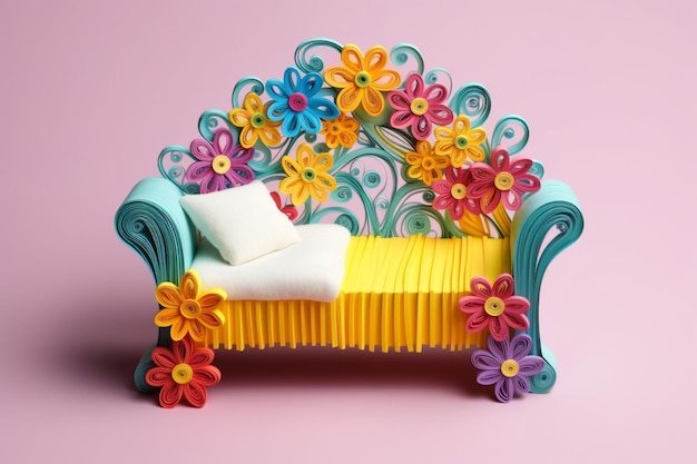 Brightly colored paper quilled bed with flowers and pillows on pink background generative ai