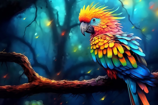 brightly colored parrot sitting on a branch in a forest Ai photo