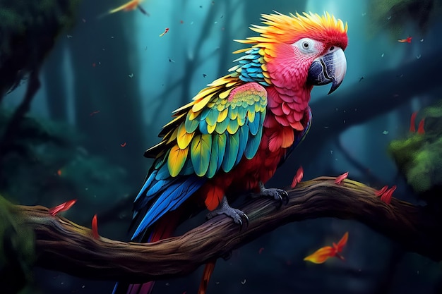 brightly colored parrot sitting on a branch in a forest Ai photo