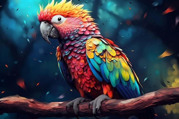 brightly colored parrot sitting on a branch in a forest Ai photo