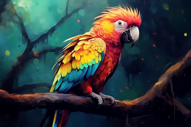 brightly colored parrot sitting on a branch in a forest Ai photo