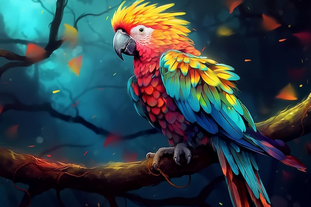 brightly colored parrot sitting on a branch in a forest Ai photo