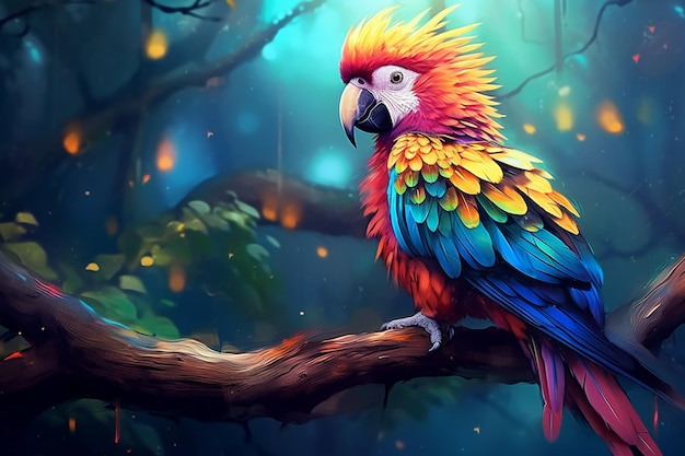 brightly colored parrot sitting on a branch in a forest Ai photo