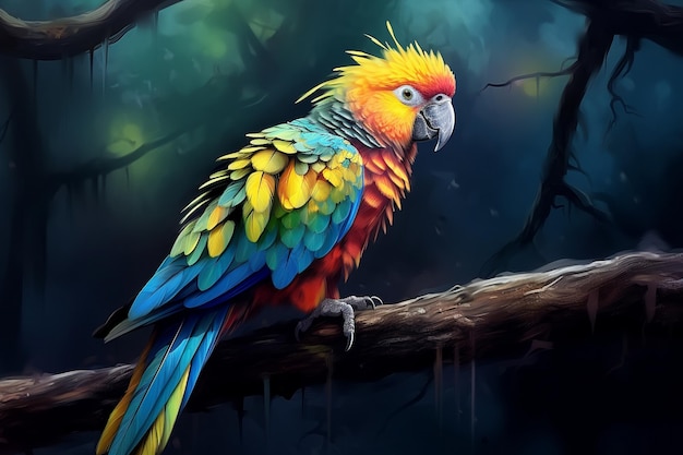 brightly colored parrot sitting on a branch in a forest Ai photo