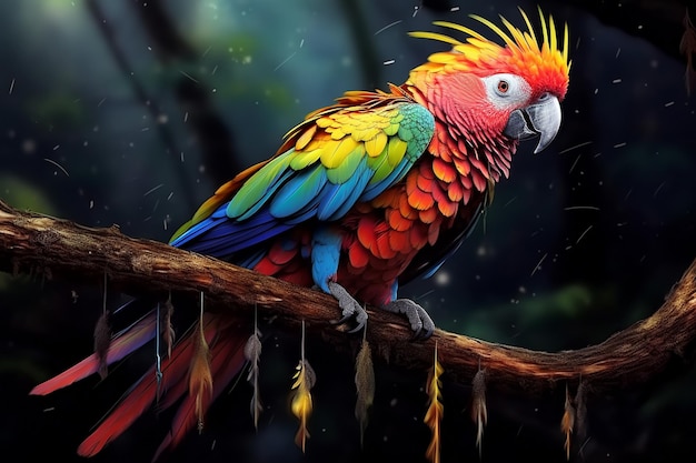 brightly colored parrot sitting on a branch in a forest Ai photo