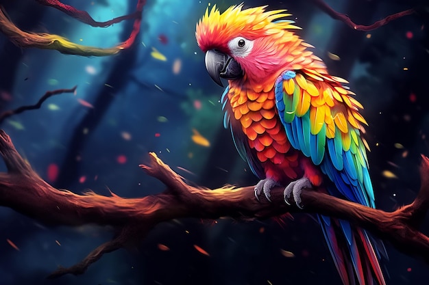 brightly colored parrot sitting on a branch in a forest Ai photo