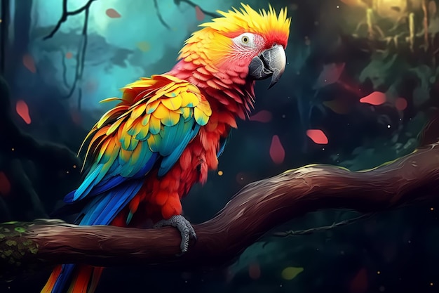 brightly colored parrot sitting on a branch in a forest Ai photo