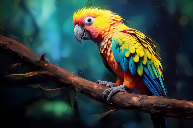 brightly colored parrot sitting on a branch in a forest Ai photo