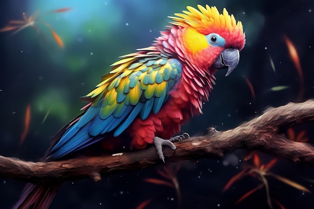 brightly colored parrot sitting on a branch in a forest Ai photo