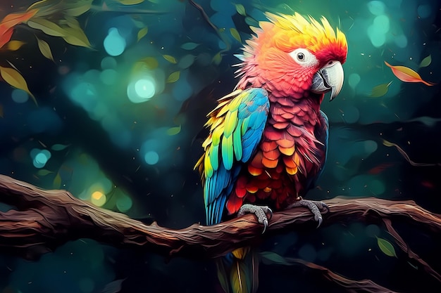 brightly colored parrot sitting on a branch in a forest Ai photo