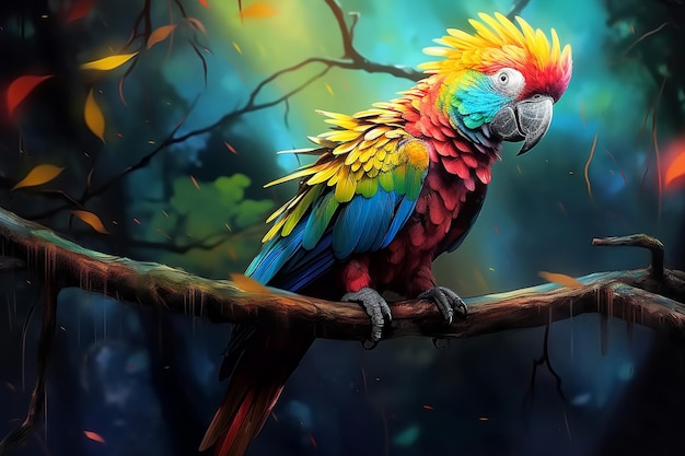 brightly colored parrot sitting on a branch in a forest Ai photo