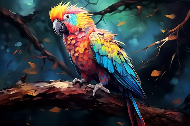 brightly colored parrot sitting on a branch in a forest Ai photo