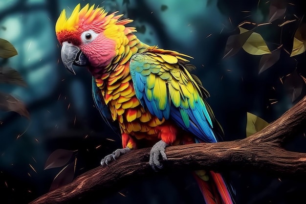 brightly colored parrot sitting on a branch in a forest Ai photo