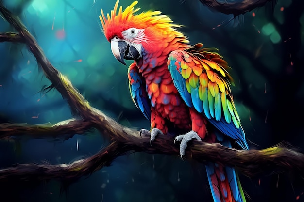 brightly colored parrot sitting on a branch in a forest Ai photo