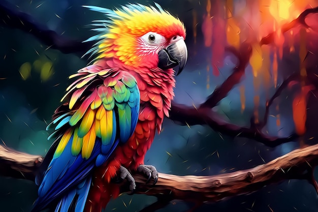 brightly colored parrot sitting on a branch in a forest Ai photo