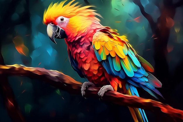 brightly colored parrot sitting on a branch in a forest Ai photo