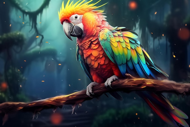 brightly colored parrot sitting on a branch in a forest Ai photo