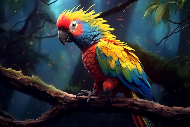 brightly colored parrot sitting on a branch in a forest Ai photo