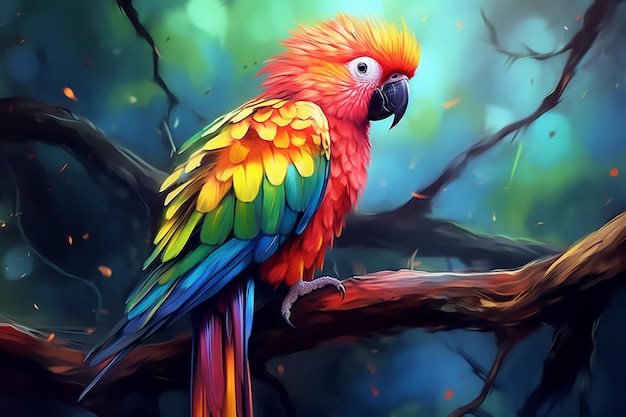 brightly colored parrot sitting on a branch in a forest Ai photo