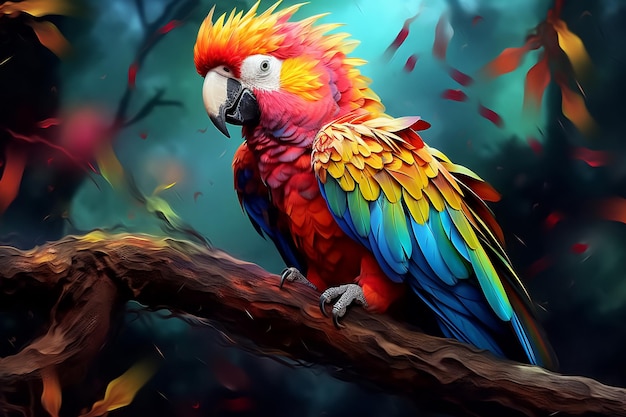 brightly colored parrot sitting on a branch in a forest Ai photo