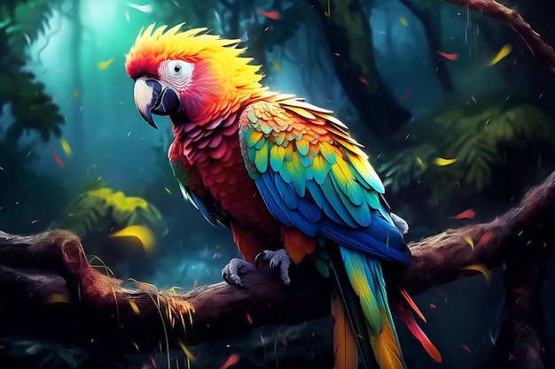 brightly colored parrot sitting on a branch in a forest Ai photo