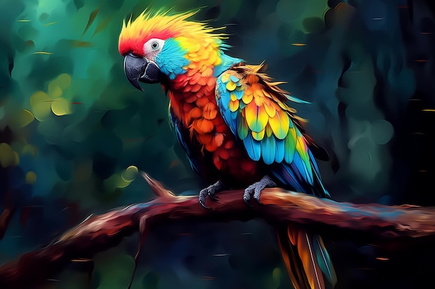 brightly colored parrot sitting on a branch in a forest Ai photo