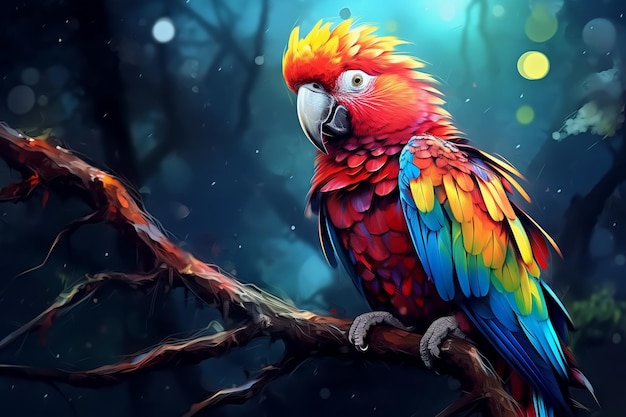 brightly colored parrot sitting on a branch in a forest Ai photo