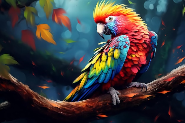 brightly colored parrot sitting on a branch in a forest Ai photo