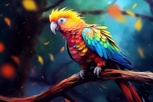 brightly colored parrot sitting on a branch in a forest Ai photo