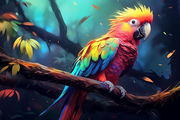 brightly colored parrot sitting on a branch in a forest Ai photo